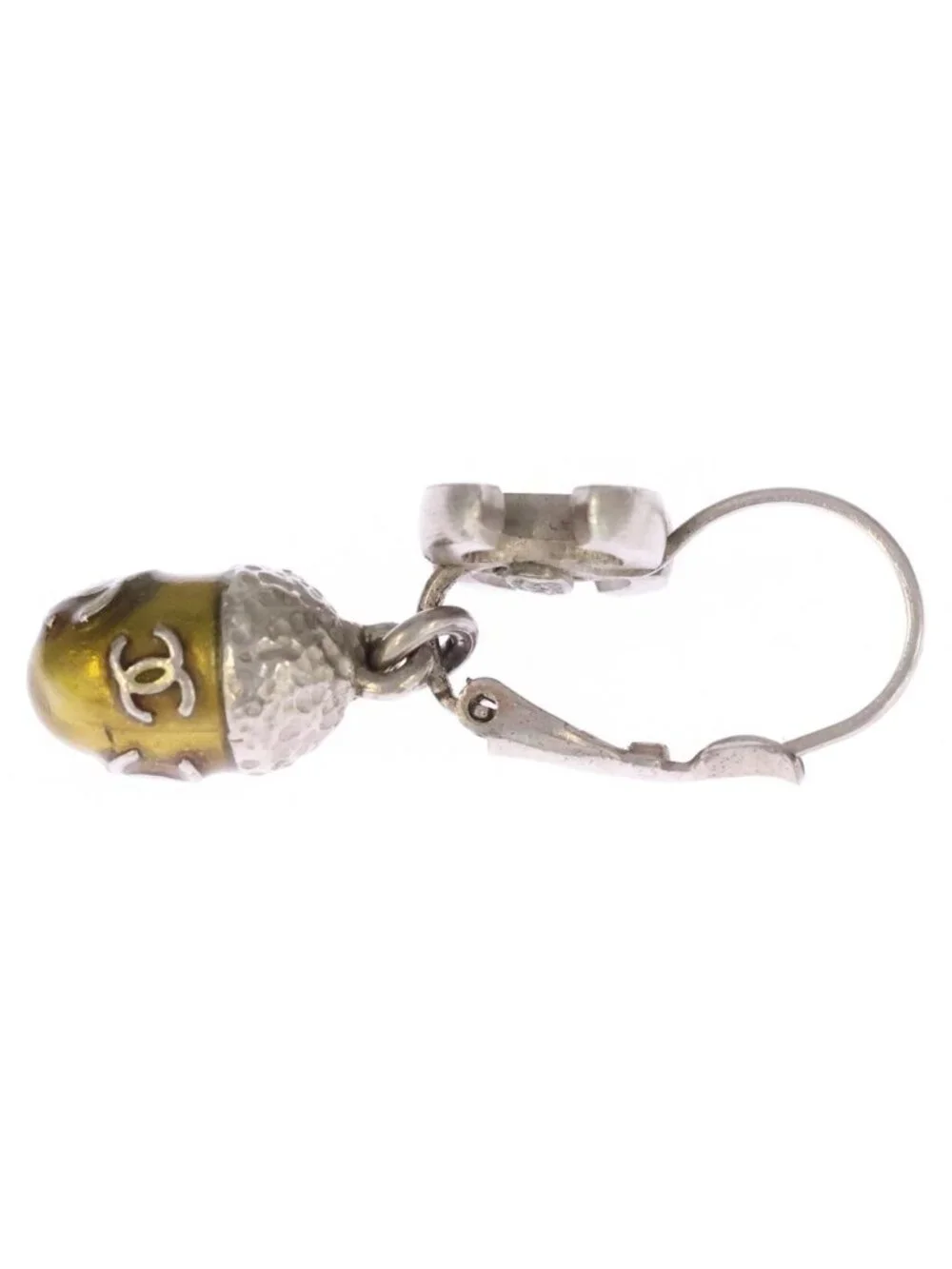Chanel CC Logo Acorn Motif Earrings Silver Yellow